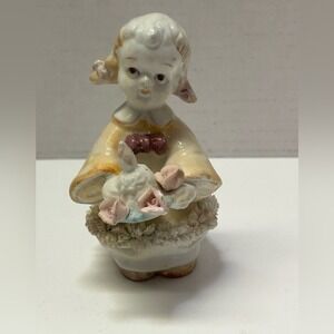 Vintage Japan 1950s Hand Painted Choir Figurine Candlestick Pigtails Roses